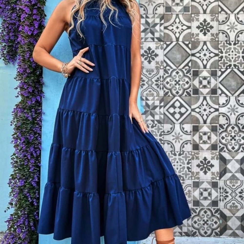 Tie Back Ruffle Hem Smock Dress Navy blue - Picture 2 of 6